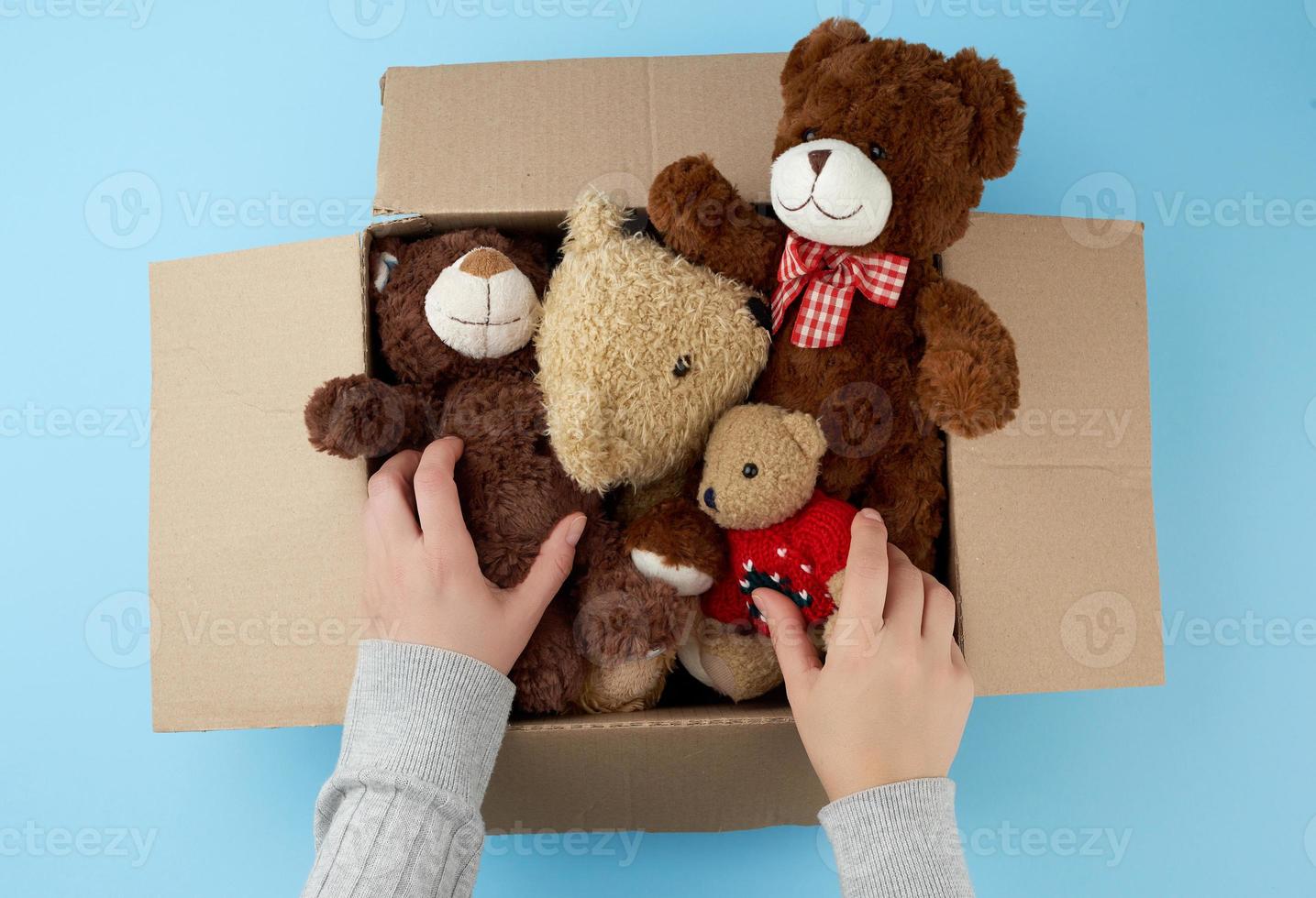 brown cardboard box with various teddy bears photo