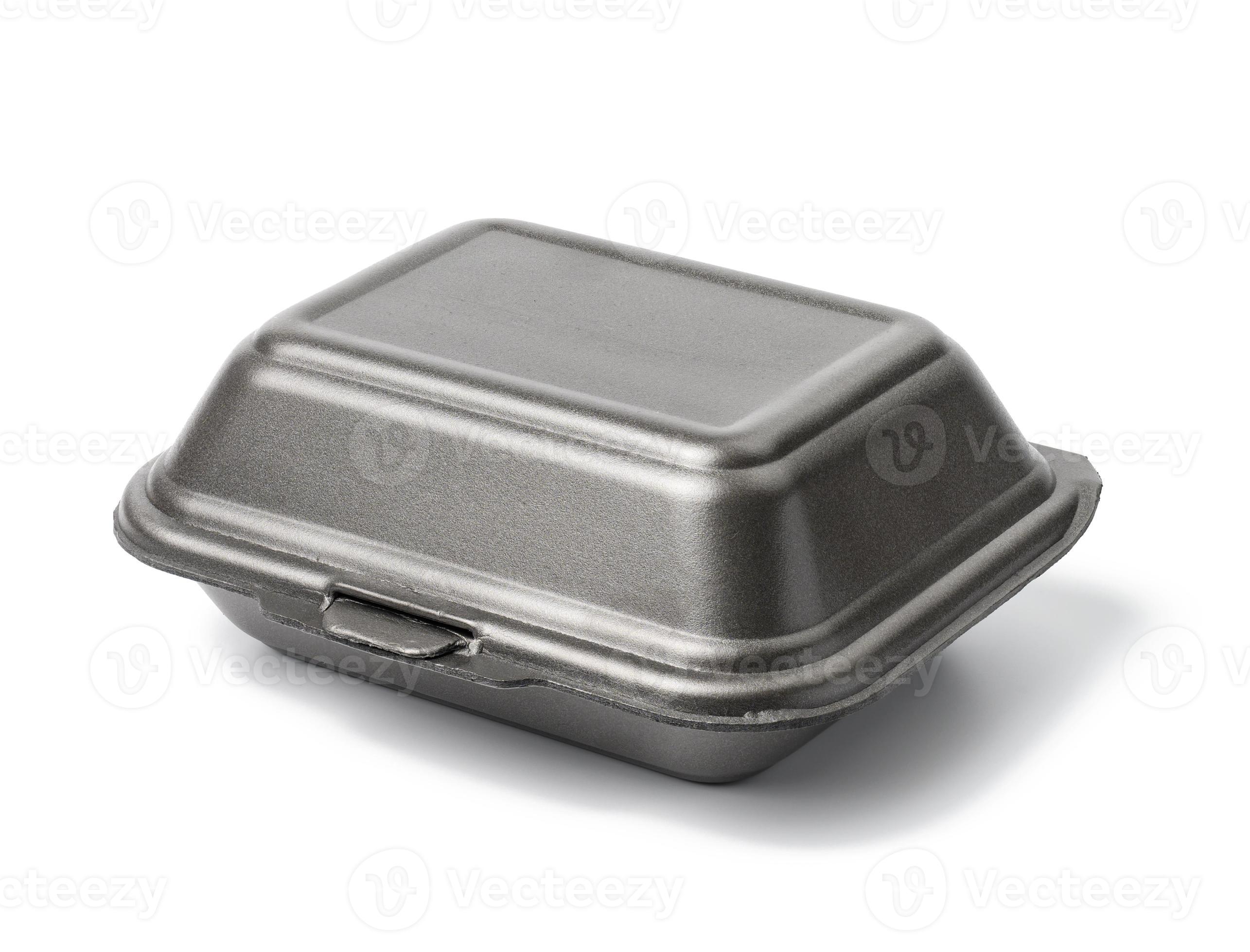 disposable food container. Gray box of polystyrene on a white