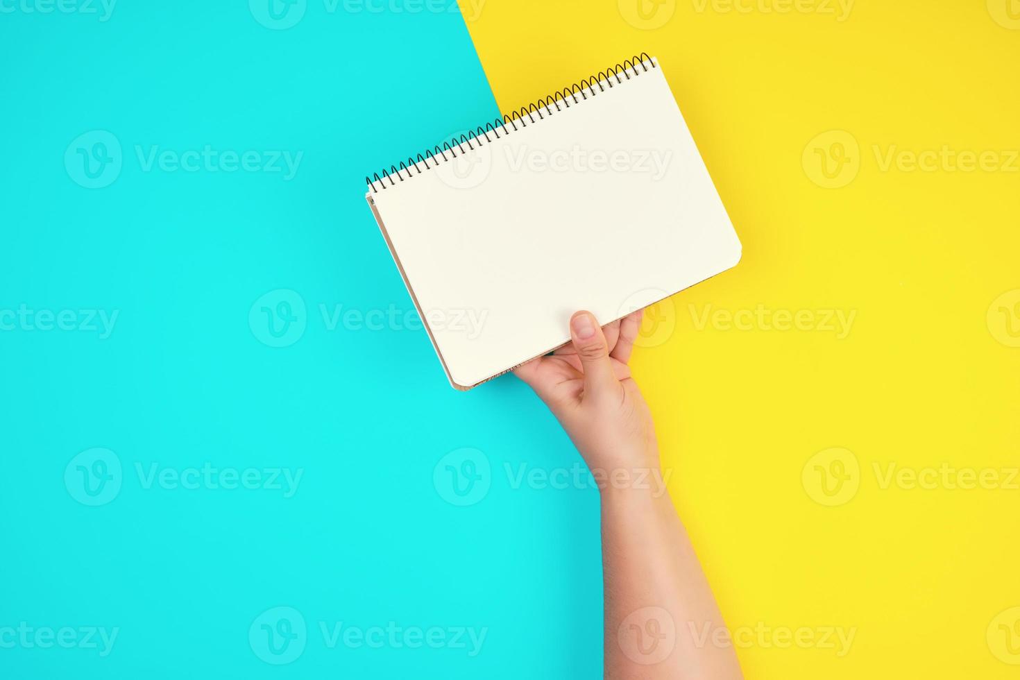 woman's hand holds an open spiral notebook with blank white sheets photo