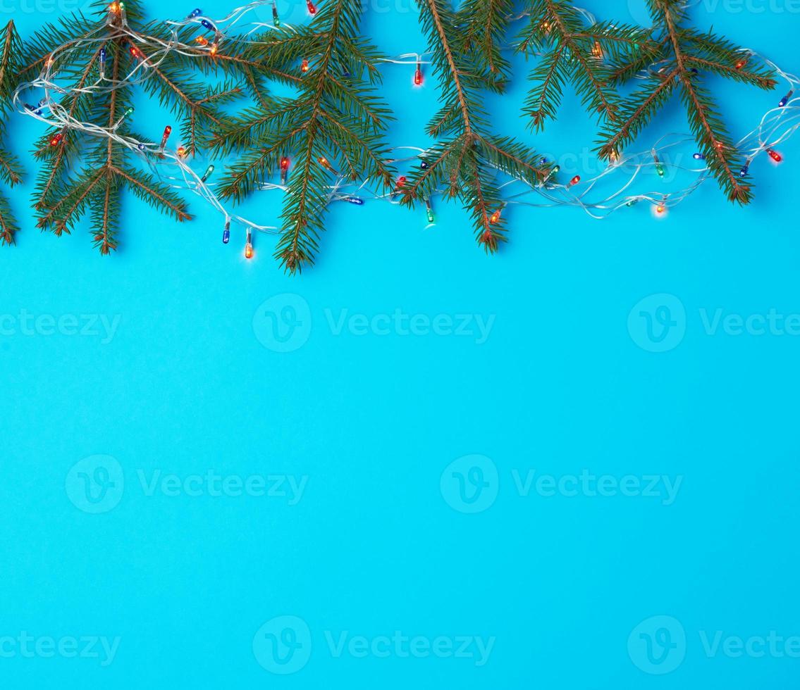 burning multi-colored light bulbs on a garland with a white cable and green twigs of needles photo