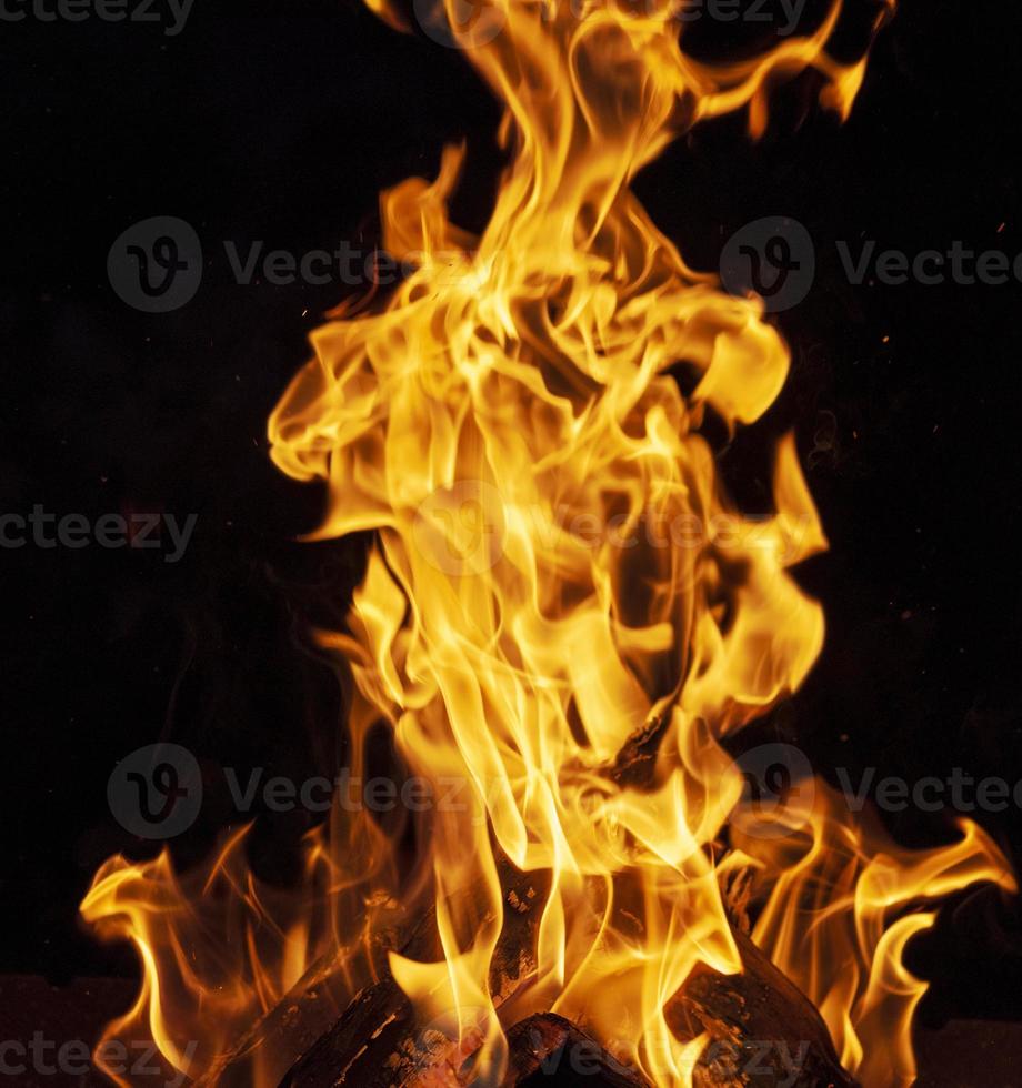 burning wooden logs and large orange flame photo