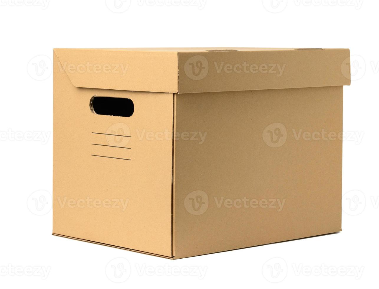 brown corrugated paper box with lid for documents on a white background. Container for moving photo