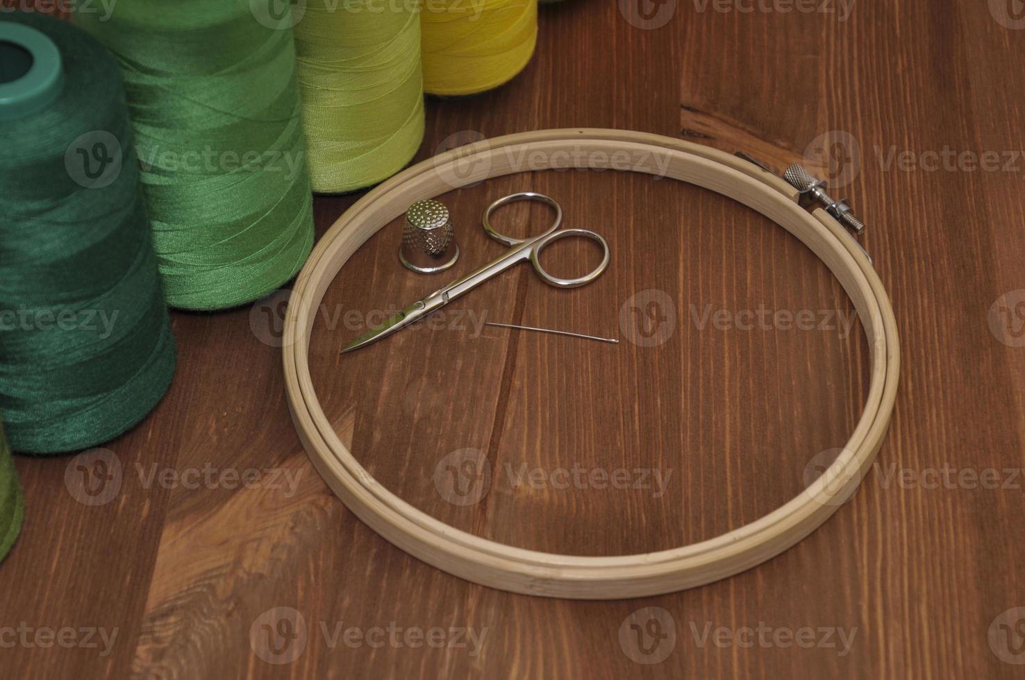 Set for embroidery of colorful threads,  hoops, thimble and needle photo