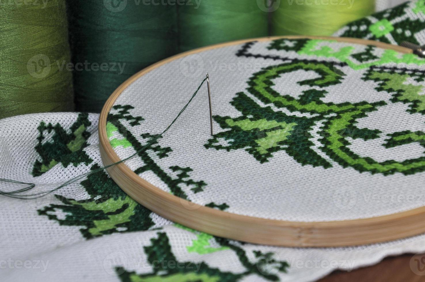 Close-up of embroidery needle and thread and embroidery products with green thread photo