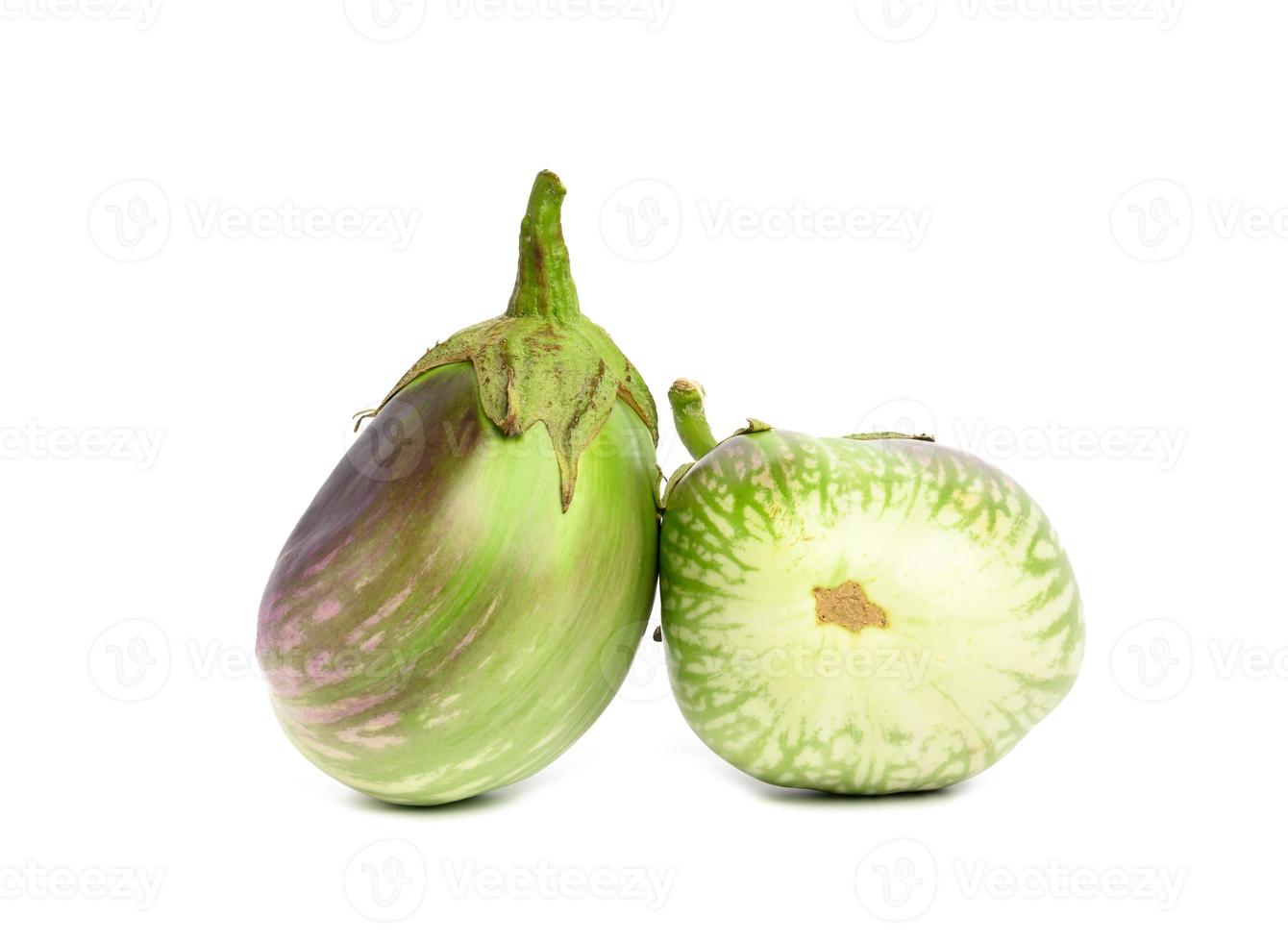 two green ripe eggplants isolated on white background, healthy and tasty vegetable photo