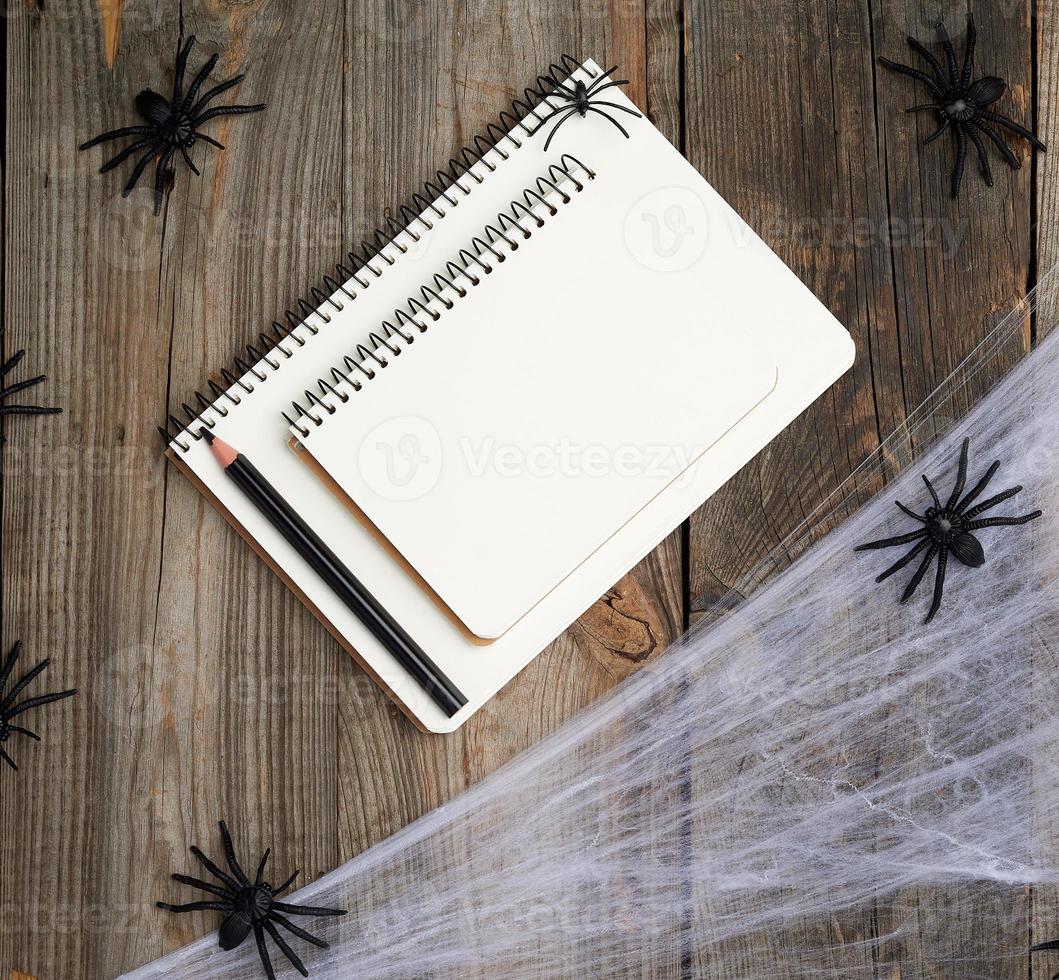 cuaderno abierto con páginas en blanco, telaraña y arañas negras foto