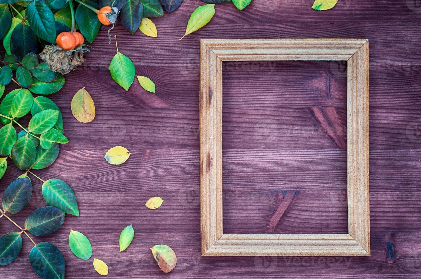 Empty wooden frame on brown wood surface among green and yellow leaves photo