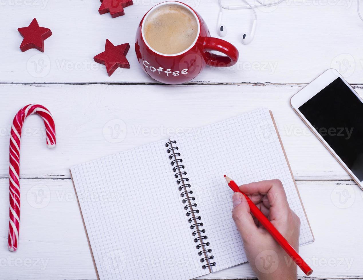 empty open notebook and female hand with a red wooden pencil photo