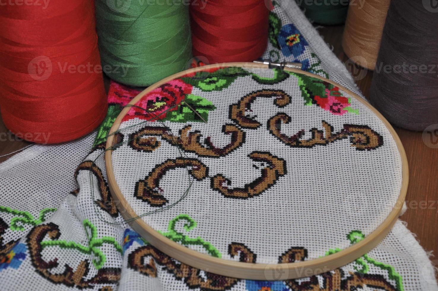 wooden hoop with a cross pattern embroidered cross photo