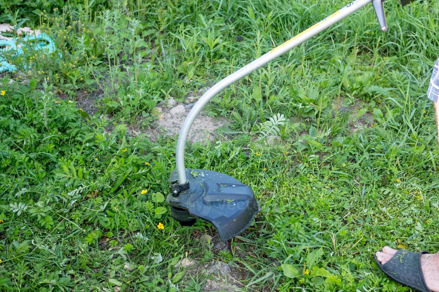 lawn mower close-up, mows the grass photo