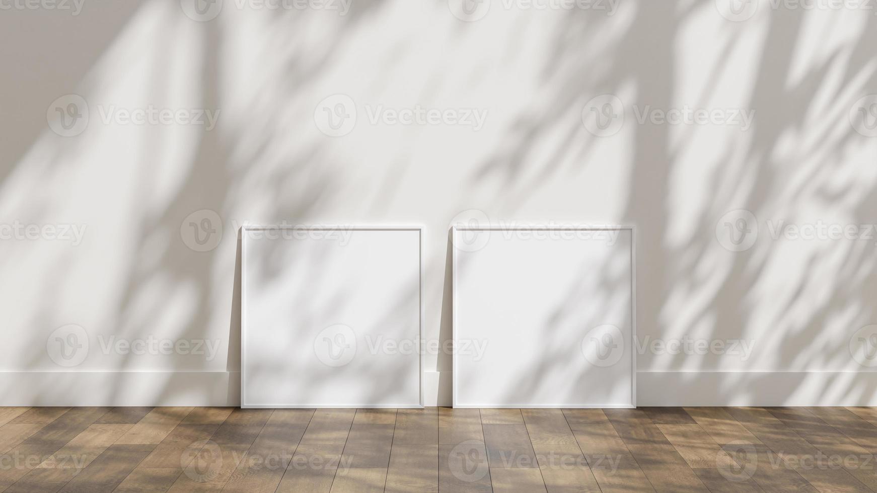 maqueta de póster de marco en piso de madera con pared blanca y superposición de sombra de luz solar foto