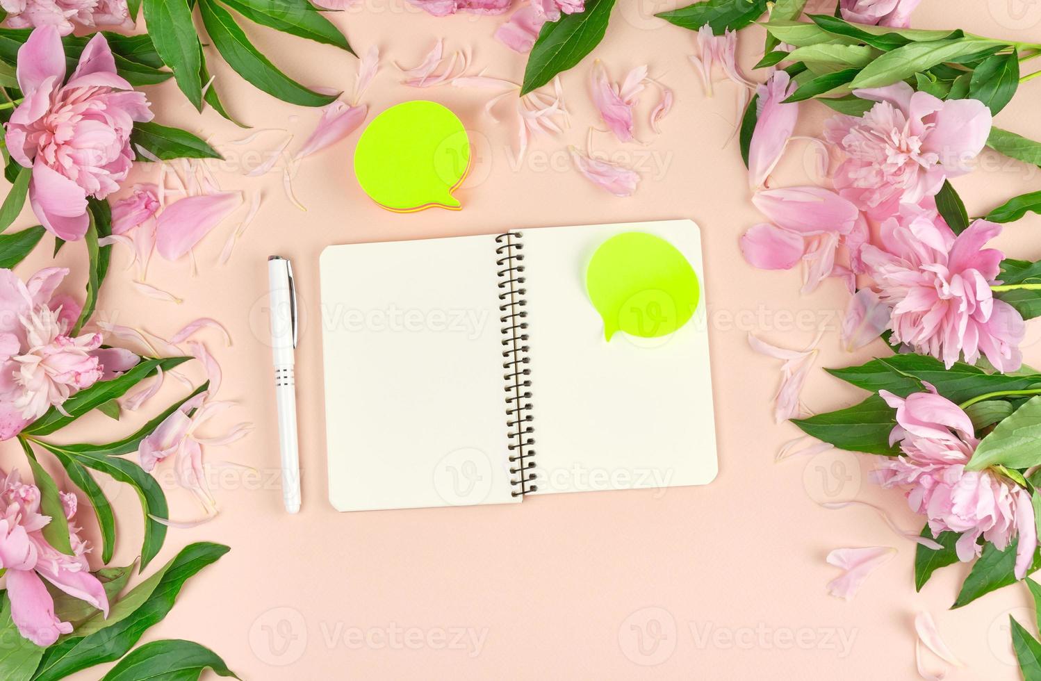 empty  paper stickers and open notebook on a peach background photo