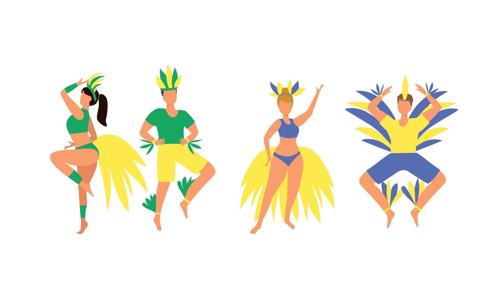 Set of people in carnival costumes. Man and woman in carnival costume with feathers. Brazil carnival costume. Vector illustration.