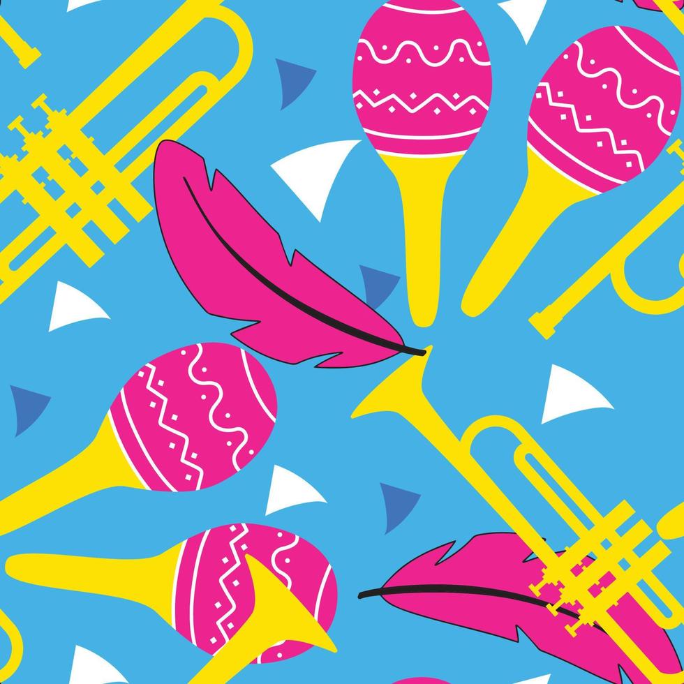 Carnival seamless pattern. Holiday pattern with trumpet, feather, maraca and confetti. Vector illustration.f