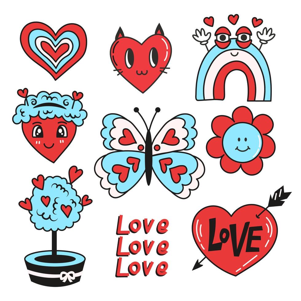 Retro valentines day collection in doodle style vector