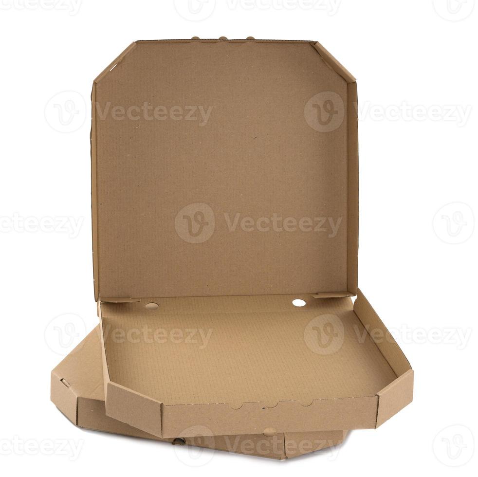 Blank brown open cardboard pizza paper box on white background. Packaging template photo