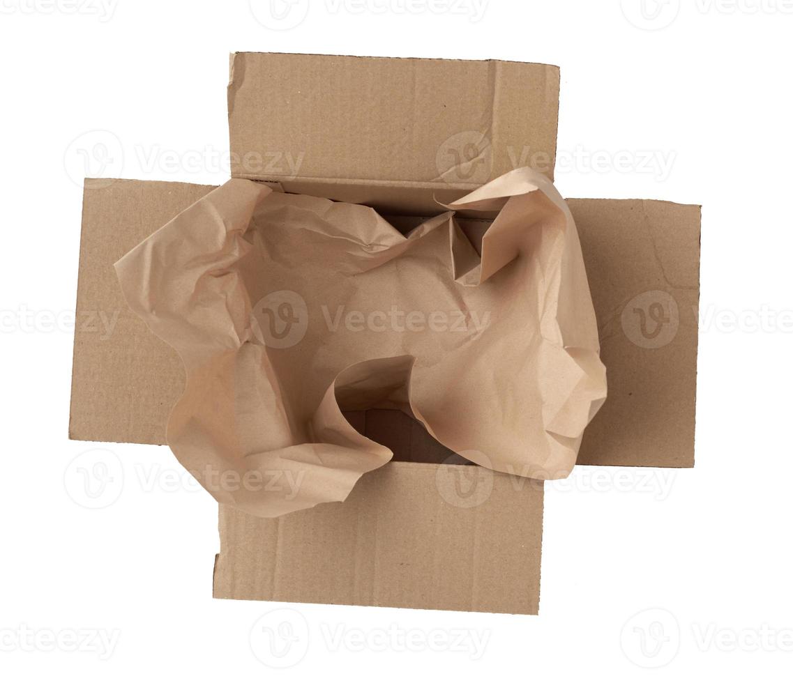 open empty square brown cardboard box for transportation and packaging of goods isolated on white background, top view photo