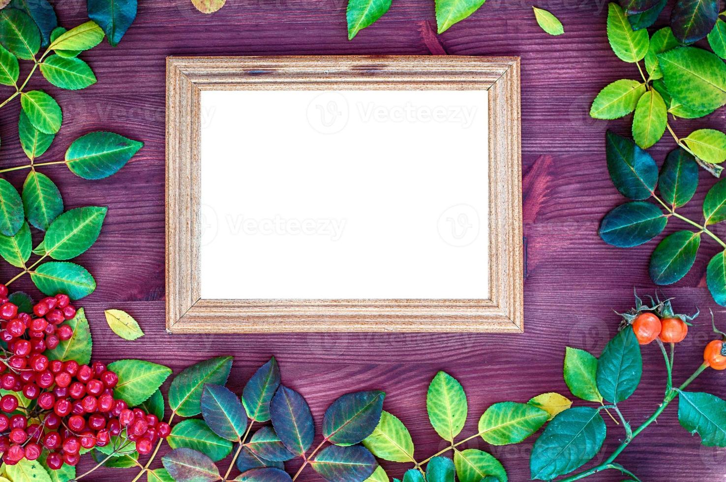 Empty wooden frame with eblym background for an inscription photo