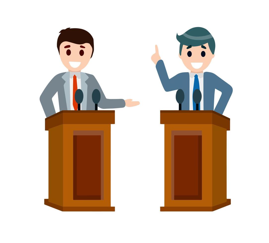 debate político y disputa entre dos candidatos presidenciales. tribuna y tribuna. diálogo y elecciones. podio para el discurso. tribuna y hombre de traje. vector