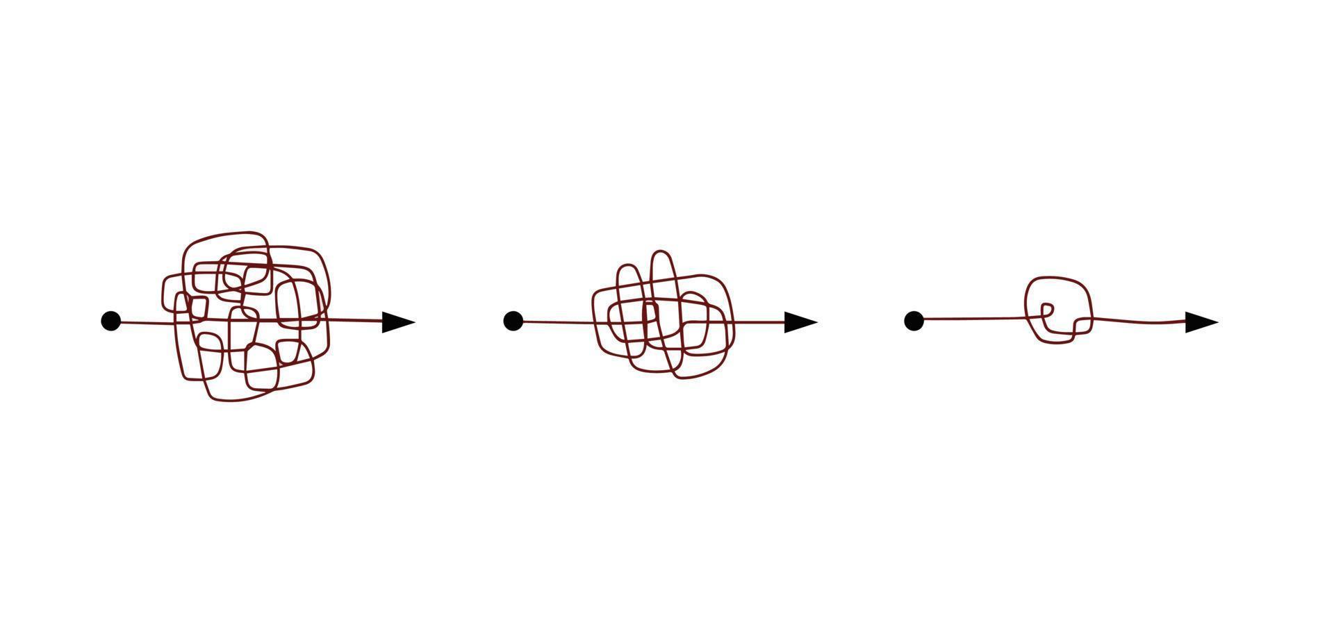 maraña de líneas. desenredando el camino. concepto psicológico de resolver problemas mentales. ovillo desordenado caótico. simplificando lo complejo vector