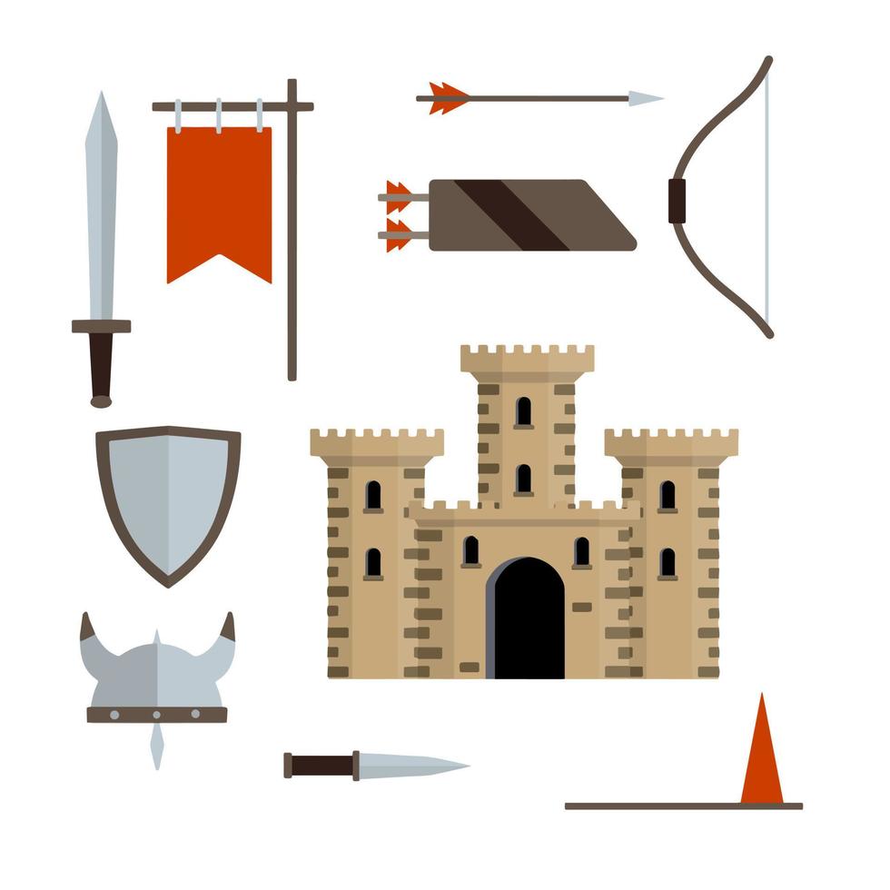 Medieval set of item. European castle with tower, shield, sword, red flag, tournament, arrow, bow, quiver, helmet of Viking. Historical subject. Cartoon flat illustration. Old armor and knight weapons vector