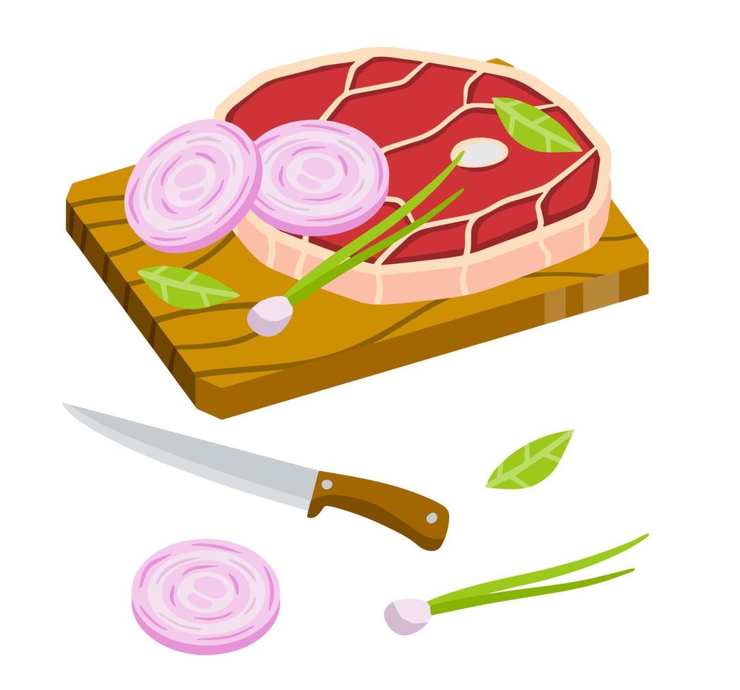 Piece of raw meat on chopping Board. Chops and ingredients. Cooking food. Kitchen and restaurant elements. Flat cartoon illustration. Fresh pork and knife vector