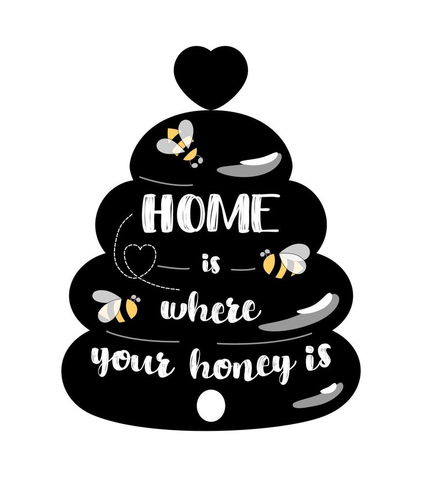 Black Bee kitchen sign, beehive home welcome sign decor. Cute honey symbol bees Home is where your honey is text. Welcome home quote. Beekeeping, apiary label. Vector illustration. Hand drawn element.