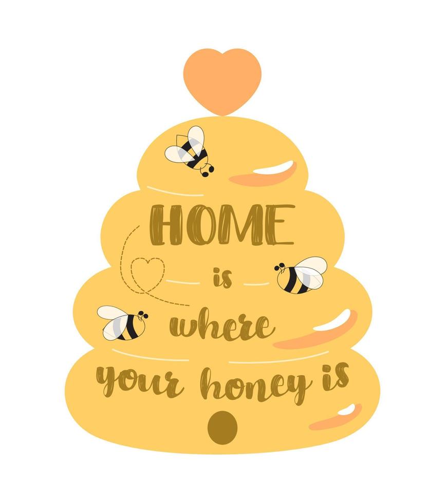 cartel de cocina de abeja, decoración de cartel de bienvenida de hogar de colmena. lindo símbolo de miel abejas hogar es donde tu miel es texto. cita de bienvenida a casa. apicultura, etiqueta de apiario. ilustración vectorial estilo de dibujos animados dibujados a mano. vector