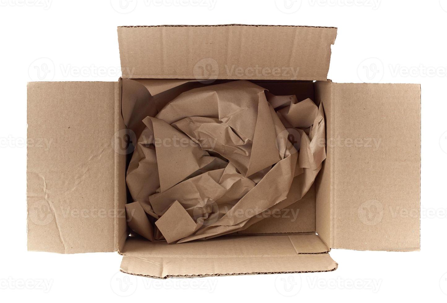 open empty square brown cardboard box for transportation and packaging of goods isolated on white background, top view photo
