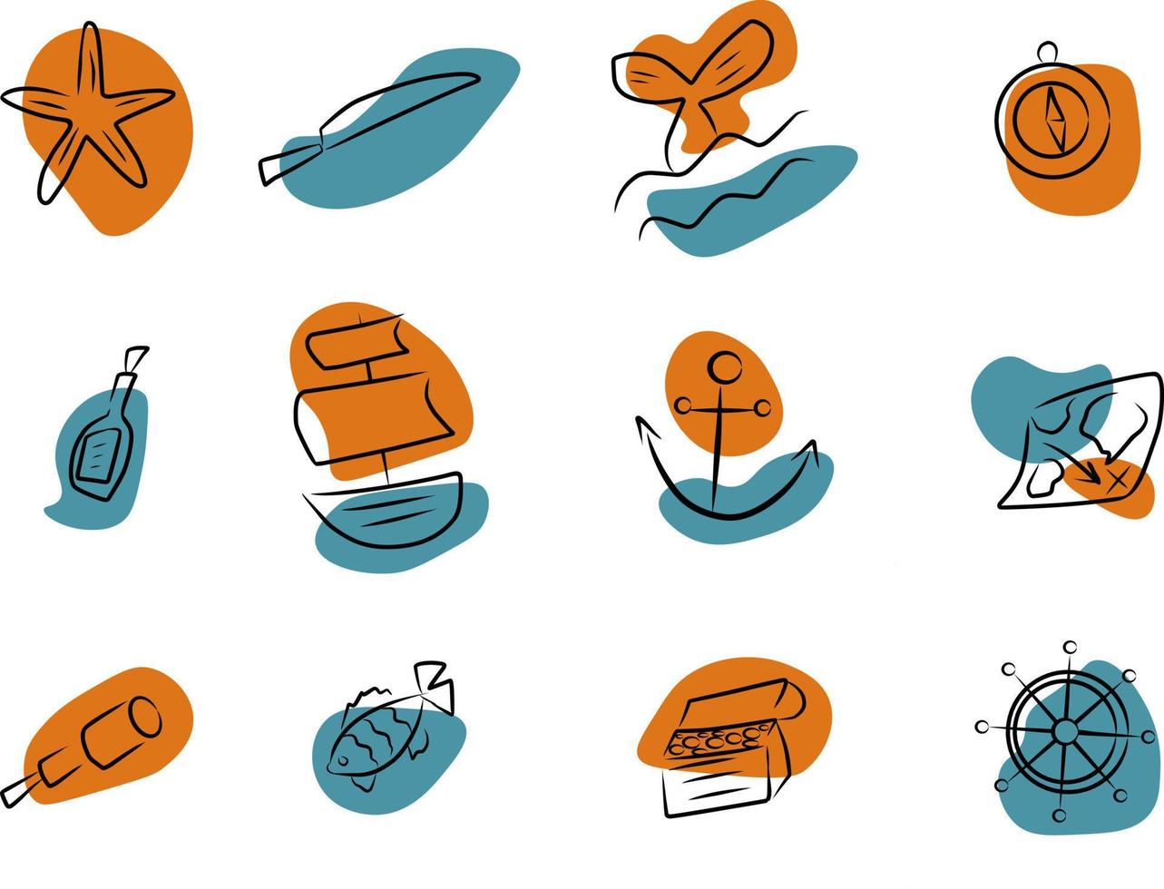 Pirate set, vector. Hand drawn sketch and colored spots. vector