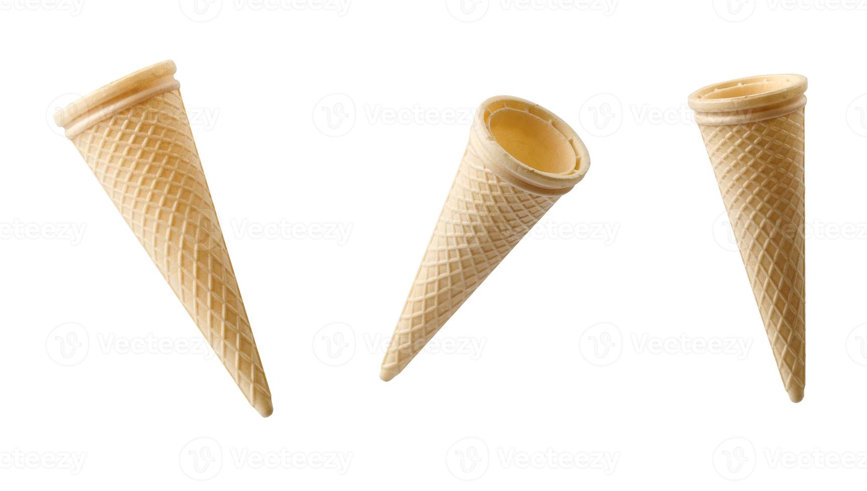 empty cone-shaped waffle cup for dessert, ice cream on white background photo