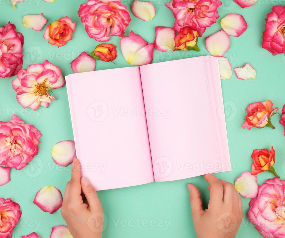open notebook with blank pink pages on a green background photo