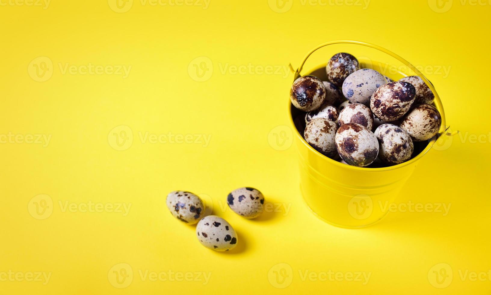 Quail eggs in a yellow iron bucket on a yellow background 18965455