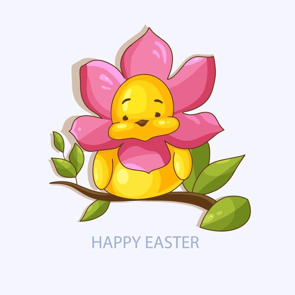 Cute Easter chick in the flower, yellow chicken baby, vector illustration