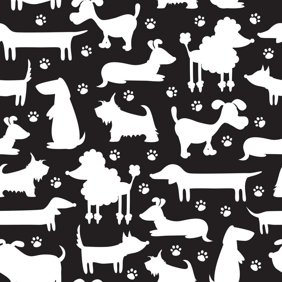 Seamless pattern with silhouettes of different dogs. vector