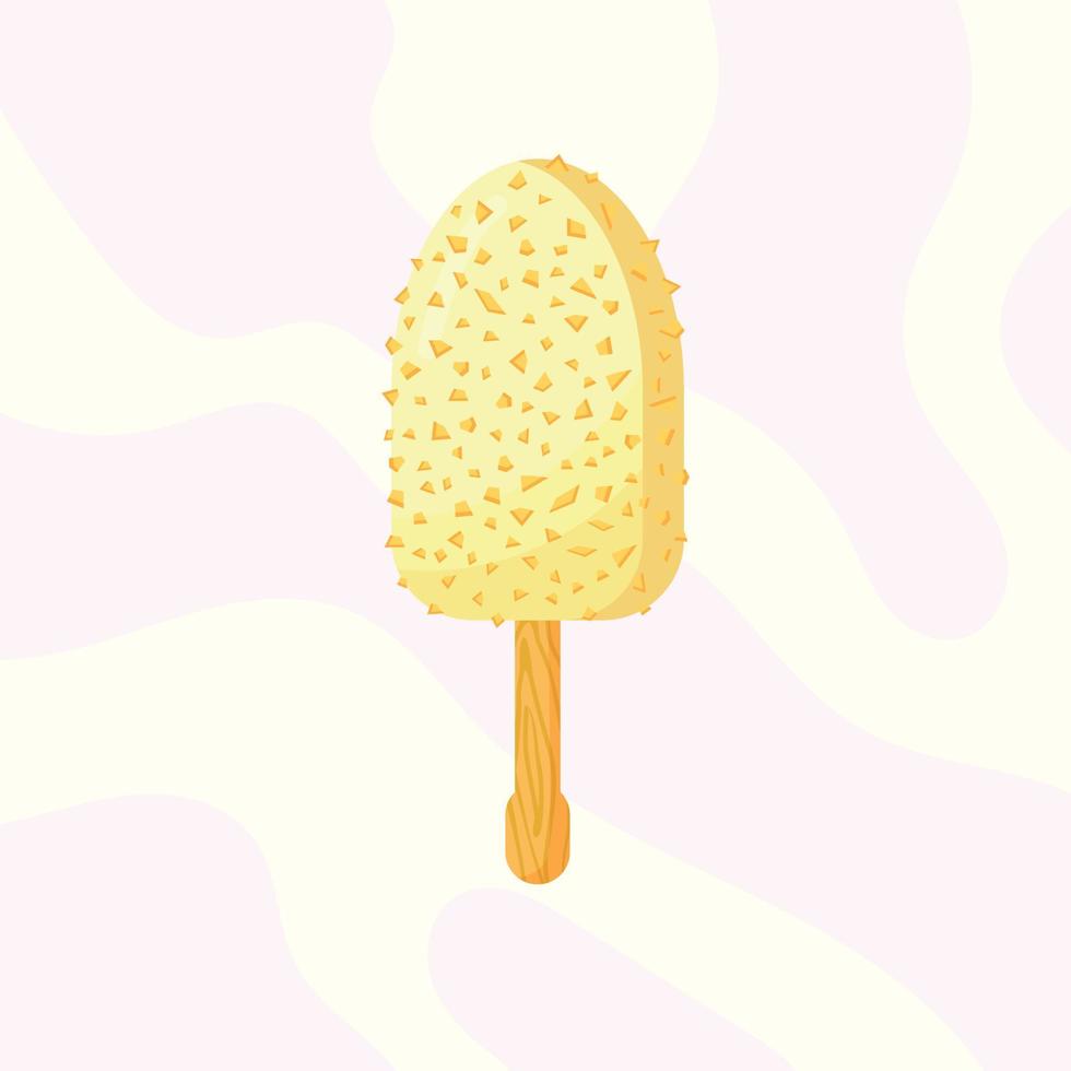 Ice cream on a stick with white chocolate and nuts. vector