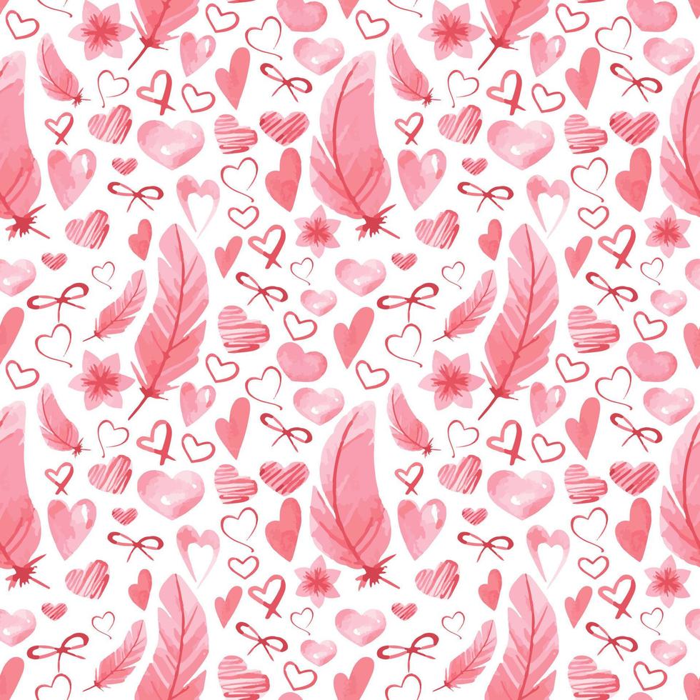 Seamless pattern with hearts, feathers and bows. Vector background for decoration of paper, gifts, cards, fabric and prue