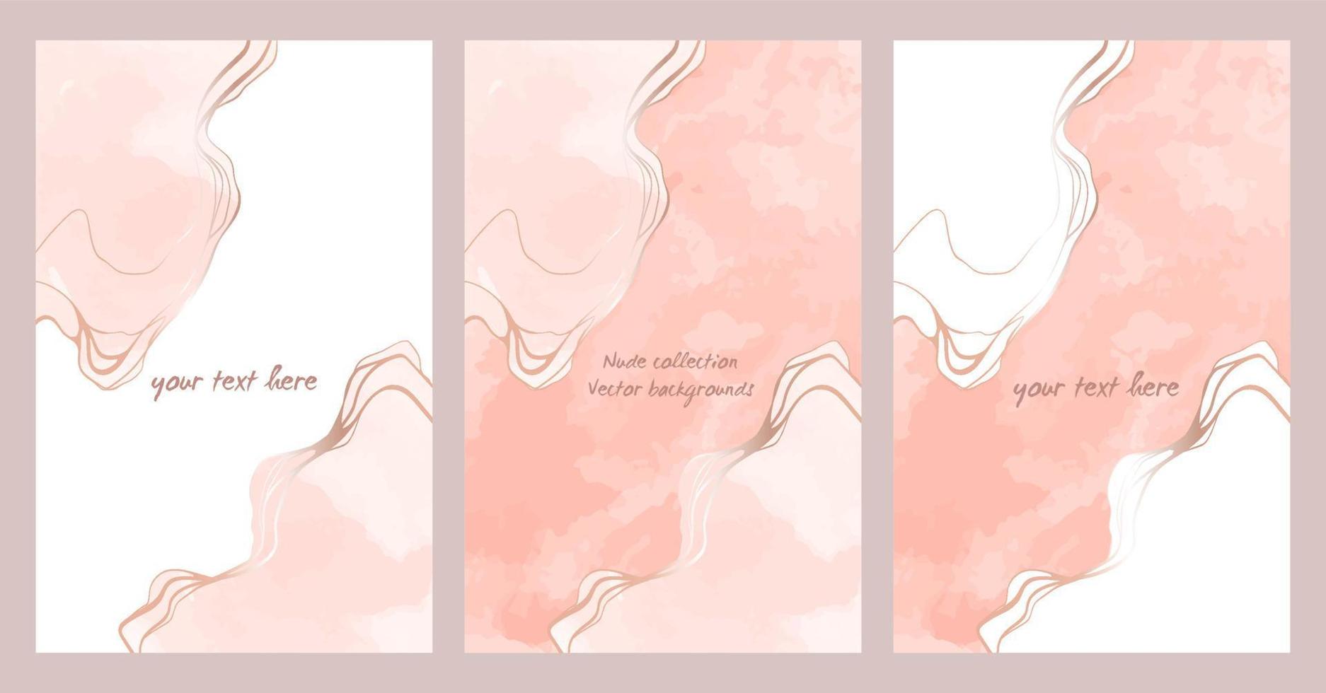 Vector set of abstract backgrounds with delicate pink watercolors. Marble effect with golden sheen. Great for posters, cards, banners, brochures, invitations.