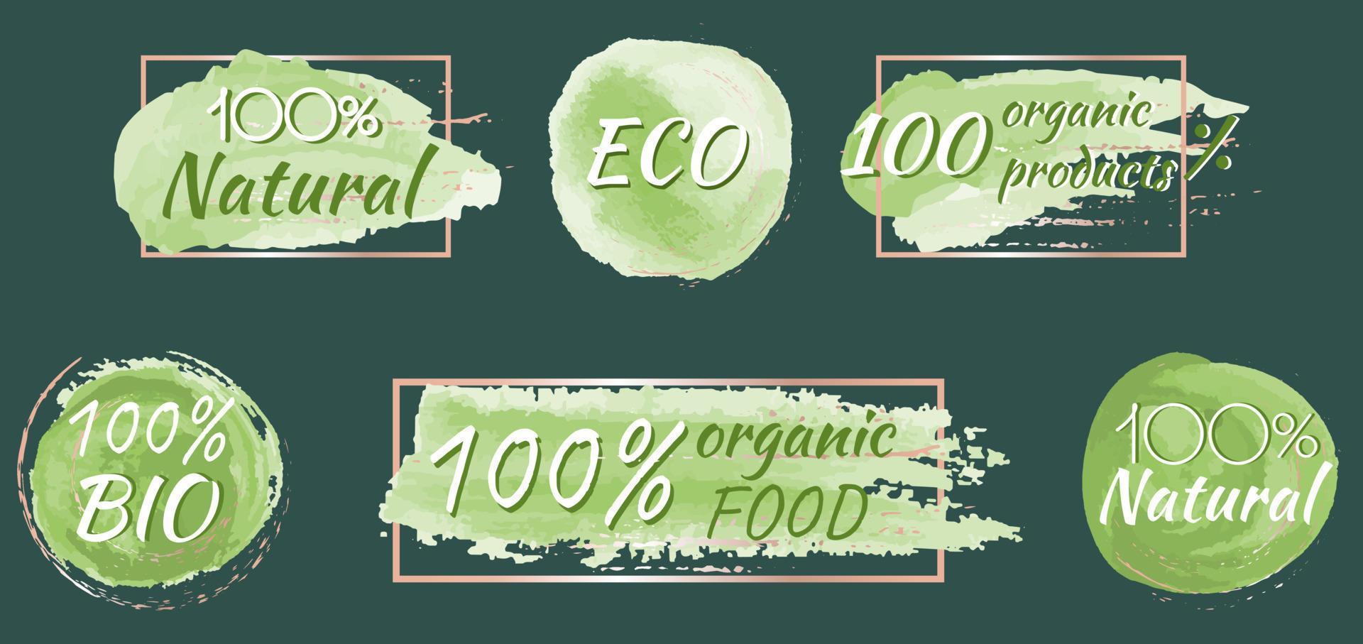 conjunto de emblemas verdes con salpicaduras doradas en un estilo acuarela para productos naturales. alimentos naturales, orgánicos, bio, elementos de diseño ecológico. vector