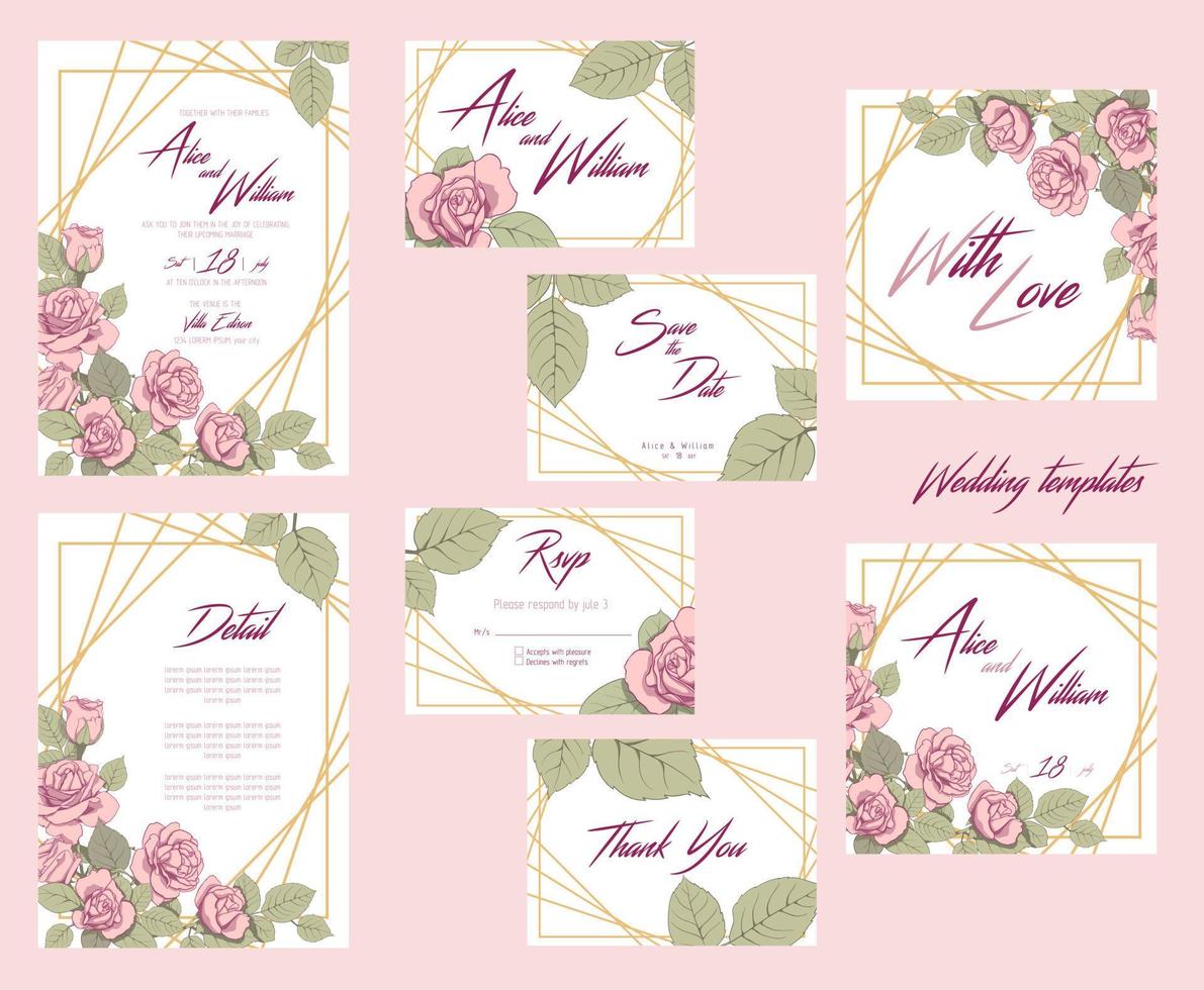 plantillas de boda con delicadas rosas y marco dorado. conjunto de invitaciones de boda para bodas y fiestas. conjunto de vectores