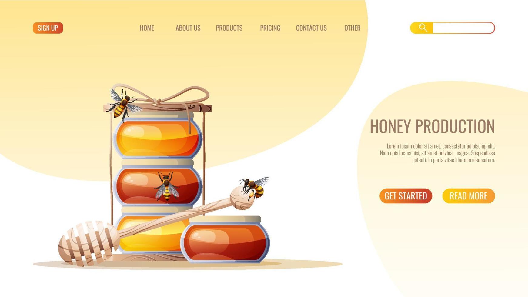 Healthy food, natural product. Honey jar, spoon, honey, bees. Web page design template for store, honey website. Vector illustration for banner, advertisement, web page, cover