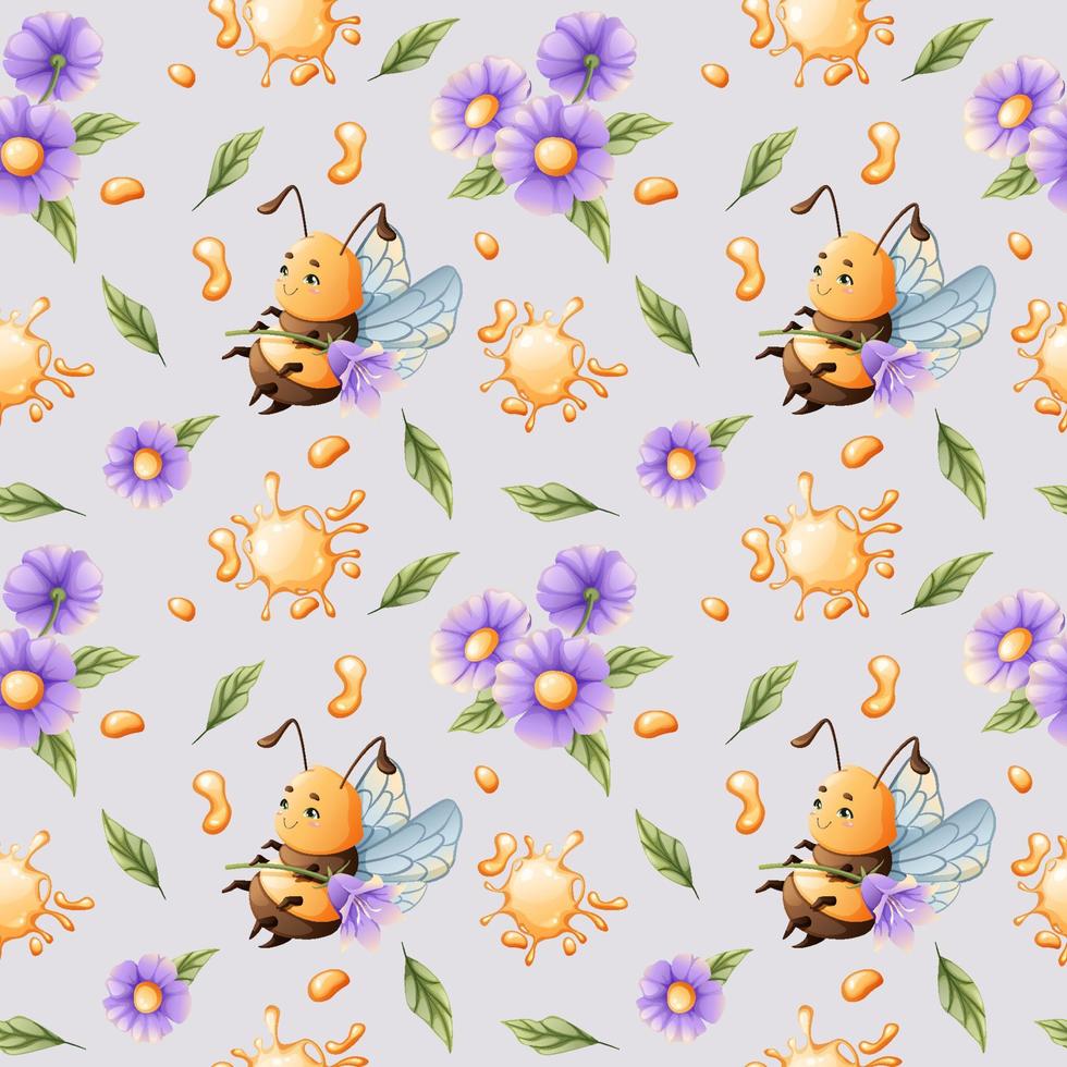 Vector seamless pattern with cartoon bees, honey, flowers on a purple background. Great for textiles, wallpapers, backgrounds