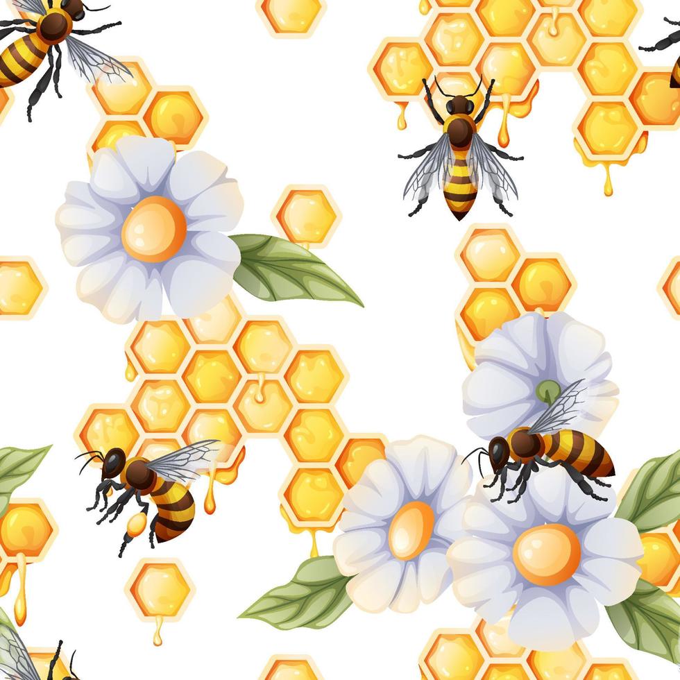 Seamless background with honeycombs, bees and white flowers. Summer texture for fabric, wallpaper, paper, etc. vector