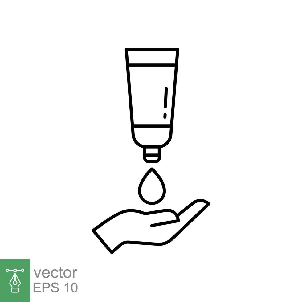 Hand applying lotion cream line icon. Simple outline style. Balm, skin care, pictogram, beauty symbol concept graphic design. Vector illustration isolated on white background. EPS 10.