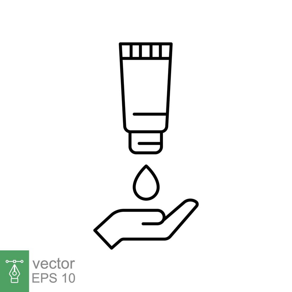 Hand applying lotion cream line icon. Simple outline style. Balm, skin care, pictogram, beauty symbol concept graphic design. Vector illustration isolated on white background. EPS 10.