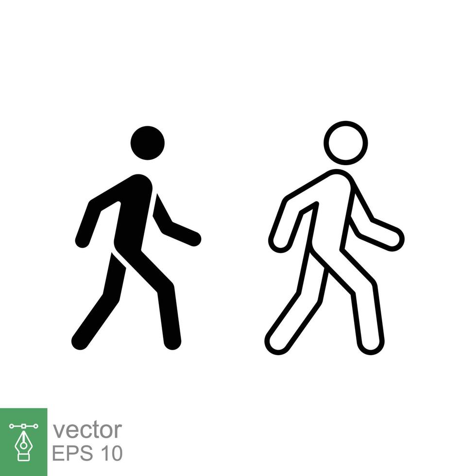 caminar línea e icono de glifo. esquema simple y estilo sólido. peatón, hombre, pictograma, humano, lado, símbolo de concepto de pasarela. ilustración vectorial aislado sobre fondo blanco. eps 10. vector