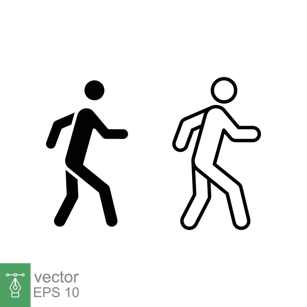 caminar línea e icono de glifo. esquema simple y estilo sólido. peatón, hombre, pictograma, humano, lado, símbolo de concepto de pasarela. ilustración vectorial aislado sobre fondo blanco. eps 10. vector