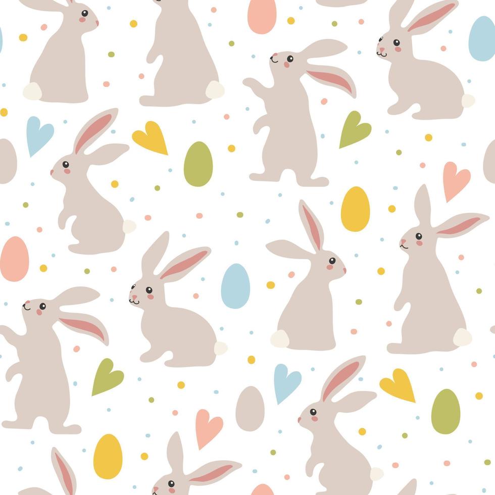 A pattern of gray Easter bunnies and colored Easter eggs. Different bunnies for kids. Rabbit or hare, a spring festive animal for Easter. Cartoon simple vector character made of fabric. Packaging