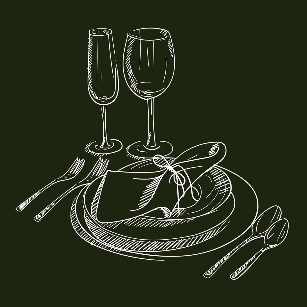 A hand-drawn sketch of a dinner service for a wedding ceremony. Preparation for the wedding ceremony. Plates, champagne glasses, knife, spoon, fork, napkin, wine glass. Serving. On a dark background vector