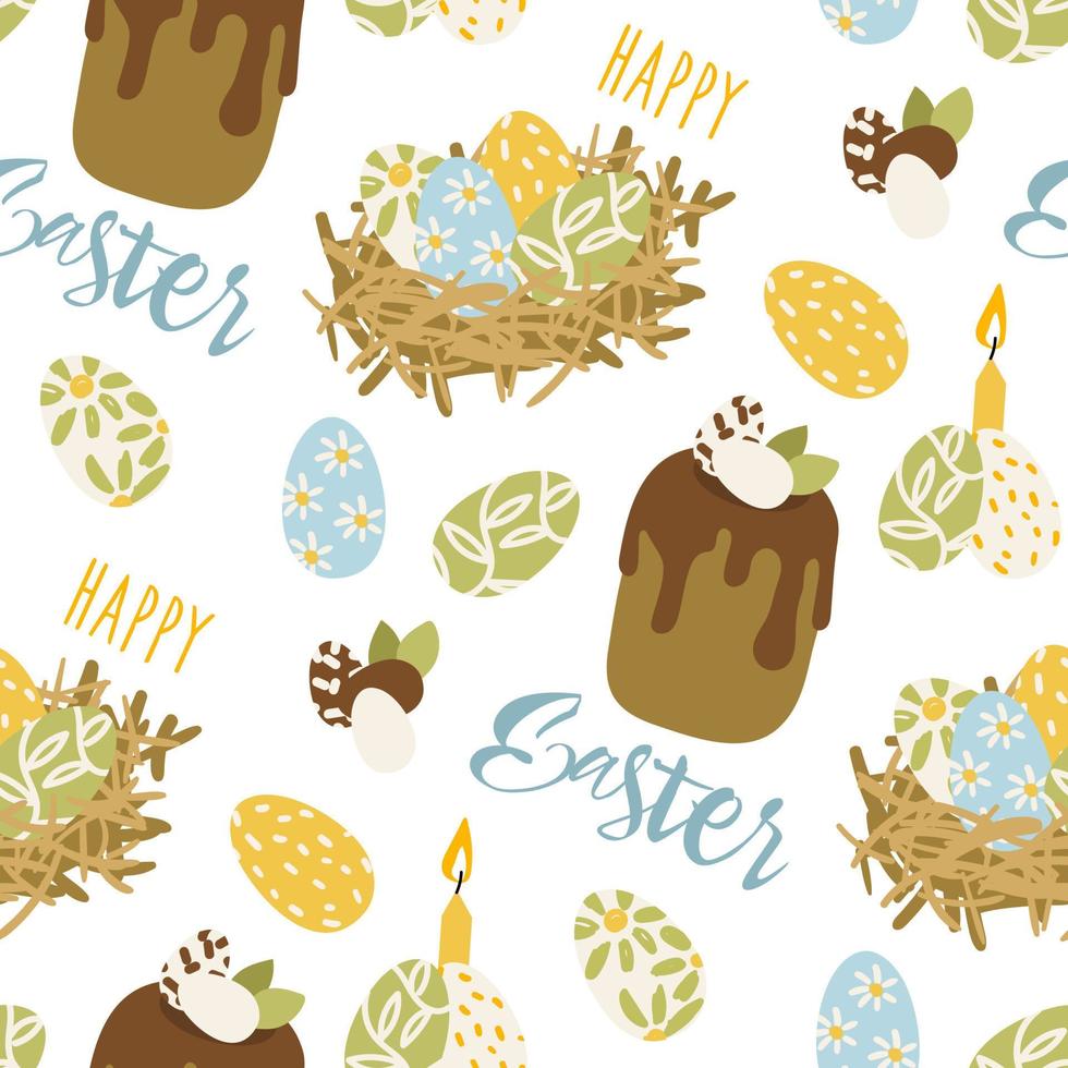 Easter bun pattern with icing and decoration, citrus fruits, eggs, candles, hares and decor. Pastel palette. Easter vector pattern. Colorful Easter eggs and buns. Gift wrapping for Easter